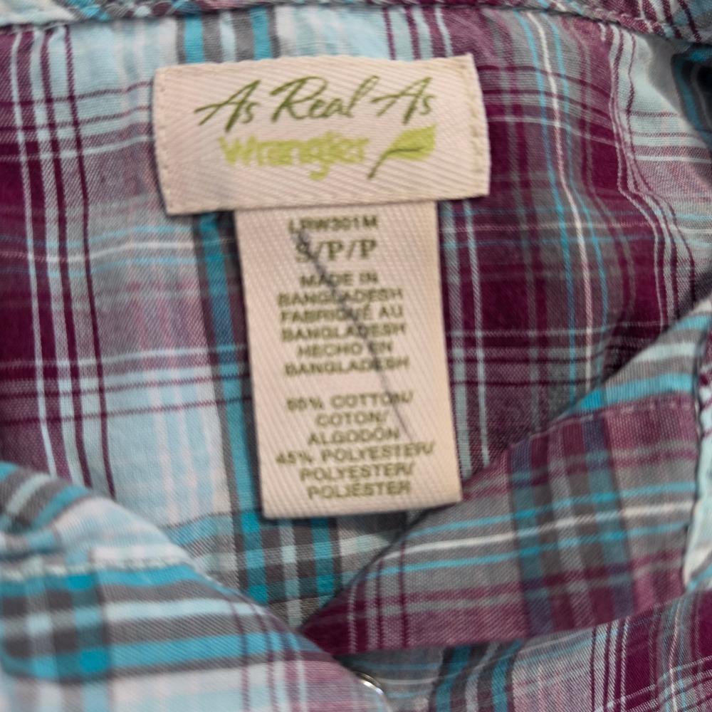 Wrangler As Real As Womens Plaid Western Snap Shirt Purple Teal SZ SM - Picture 6 of 8